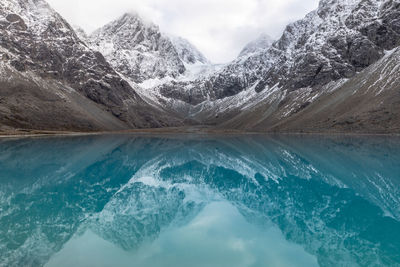 Scenic view of lake by snowcapped mountains against sky