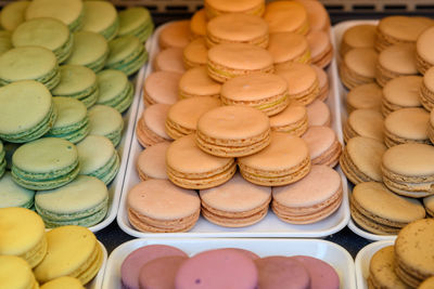 Full frame shot of multi colored macaroons for sale at store