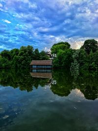 Scenic view of lake against cloudy sky