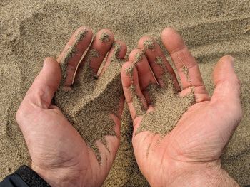 High angle view of hands on sand