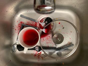 High angle view of tea on glass