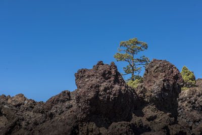 Low angle view of rock formation against clear blue sky