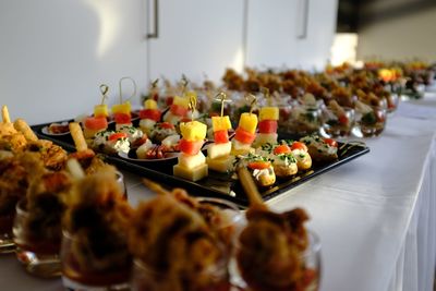 Close-up of snacks on tables