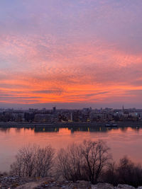 Scenic view of lake against sky during sunset