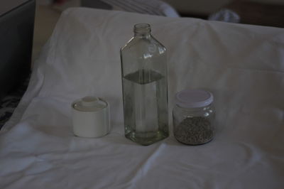 High angle view of drinking glasses on table