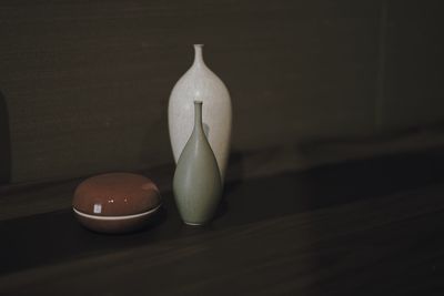 High angle view of fruits on table against wall