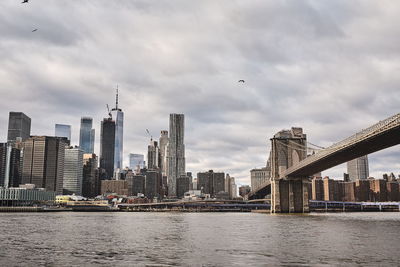 Bridge over river with buildings in background