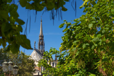 Low angle view of trees and buildings against sky