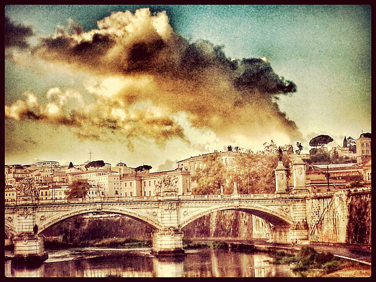 transfer print, architecture, built structure, auto post production filter, sky, building exterior, arch, cloud - sky, connection, bridge - man made structure, water, river, cloudy, arch bridge, bridge, city, cloud, travel destinations, low angle view, famous place