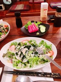 High angle view of food served on table