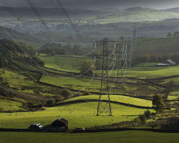 Electricity pylons on grassy field