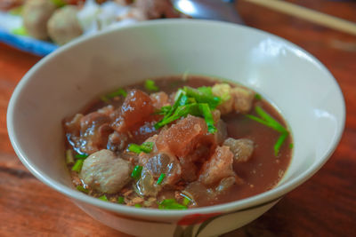 Close-up of soup in bowl on table