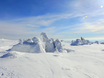 Snow covered landscape against sky