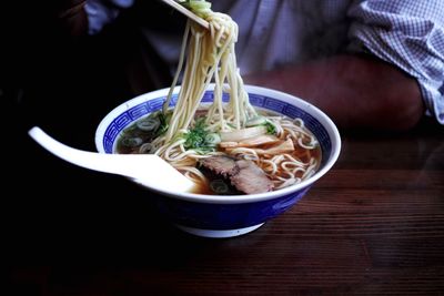 Close-up of soup in bowl on table