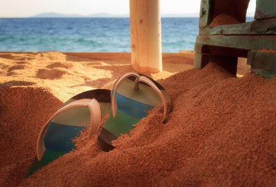 Close-up of sunglasses on beach