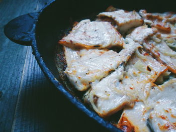 High angle view of meat in cooking pan