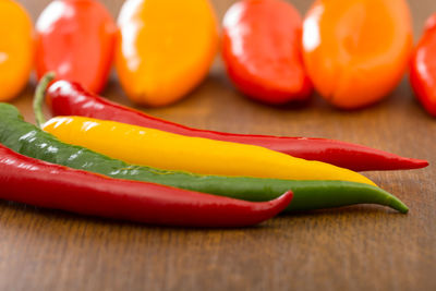 Close-up of multi colored chili peppers on table