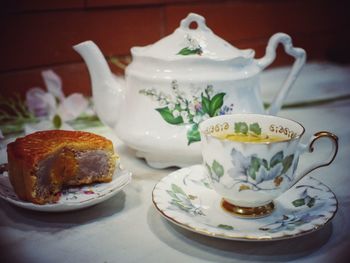 Close-up of breakfast served on table