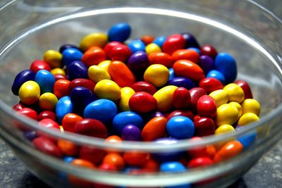 Close-up of multi colored candies in container