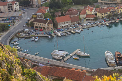 High angle view of river by buildings in city