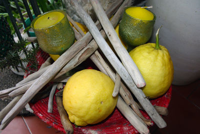 High angle view of fruits in basket on table