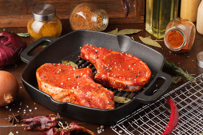 High angle view of meat in cooking pan