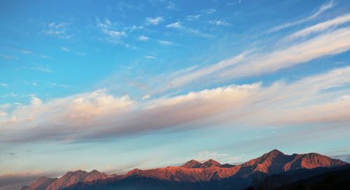 Scenic view of snowcapped mountains against sky during sunset