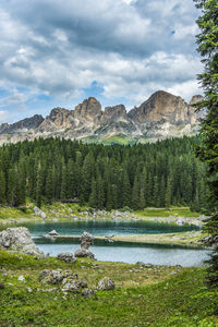 Enchanted panorama. lake of carezza. dolomites, italy