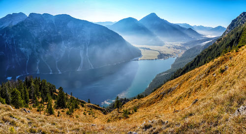 Panoramic view of snowcapped mountains against sky