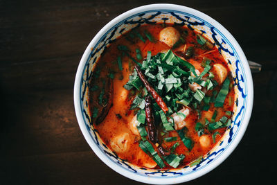 High angle view of soup in bowl on table