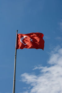 Low angle view of flag against sky