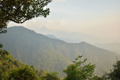 Scenic view of mountains against sky during sunset