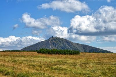 Scenic view of mountains against cloudy sky