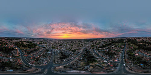 A 360 degree aerial view of ipswich, suffolk, uk at sunset