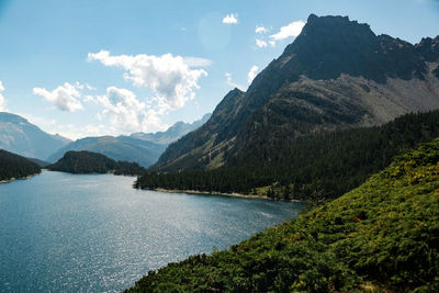 Scenic view of lake and mountains against sky