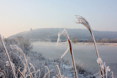 Scenic view of snow covered land against sky