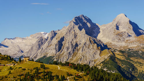 Scenic view of snowcapped mountains against clear blue sky