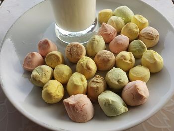 High angle view of breakfast served on table