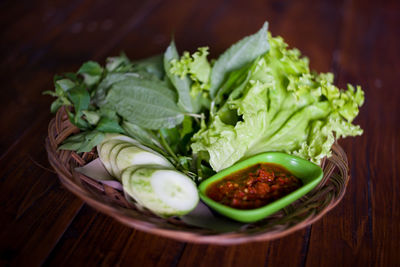 High angle view of salad in bowl on table