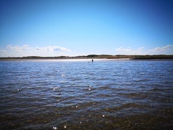 Scenic view of sea against blue sky