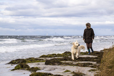 Woman with dog walking on beach