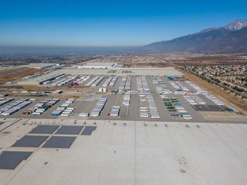 High angle view of airport runway against sky