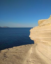 Scenic view of sea against clear blue sky