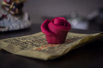 Close-up of red rose on book