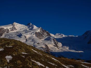 Scenic view of snowcapped mountains against clear blue sky