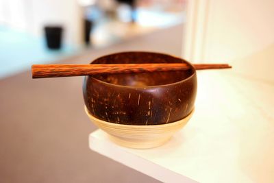 Close-up of tea cup on table