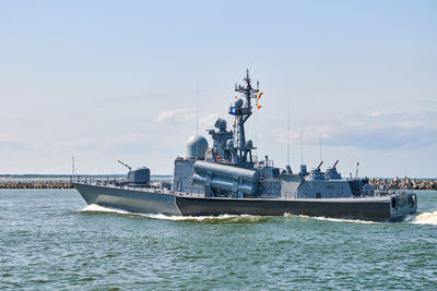 Large missile boat during naval exercises and parade, guided missile destroyer by russian navy