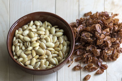 High angle view of rice in bowl on table