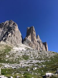 Low angle view of rocks against clear blue sky