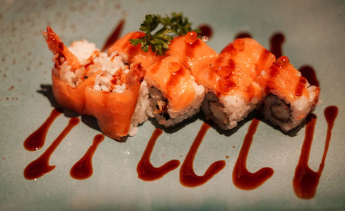 Close-up of sushi served in plate